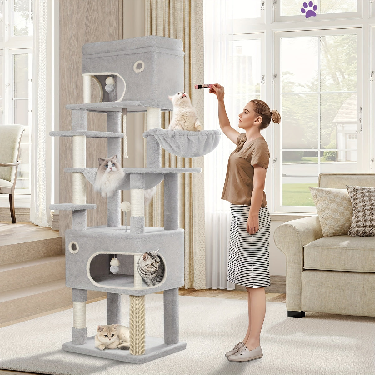 Scratching Post, 178cm Cat Tree with Large Platform, 2 Caves, 7 Scratching Posts, Pompoms, Loungers, Hammock, Suitable for All Cat Breeds, Light Grey