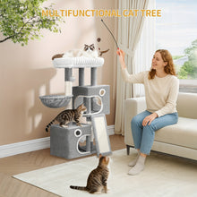 98cm Cat Tree, Cat Tower for Indoor Cats, Multi-Level Cats House Furniture with Scratching Post, 2 Caves, Large Platform, Scratching Ramp, Pompom, Light Grey