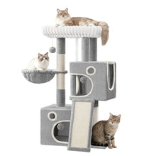 98cm Cat Tree, Cat Tower for Indoor Cats, Multi-Level Cats House Furniture with Scratching Post, 2 Caves, Large Platform, Scratching Ramp, Pompom, Light Grey