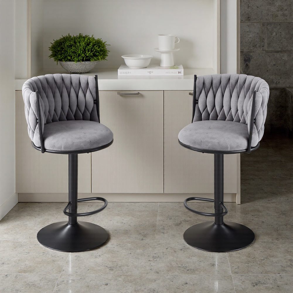 Bar Stool Set of 2, Dining Chairs Breakfast Bar Stools with Woven Backrest, Height Adjustable Kitchen Counter Chairs, Adjustable Swivel Gas Lift Steel Footrest & Base, Grey