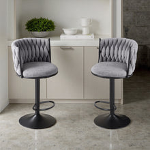Bar Stool Set of 2, Dining Chairs Breakfast Bar Stools with Woven Backrest, Height Adjustable Kitchen Counter Chairs, Adjustable Swivel Gas Lift Steel Footrest & Base, Grey