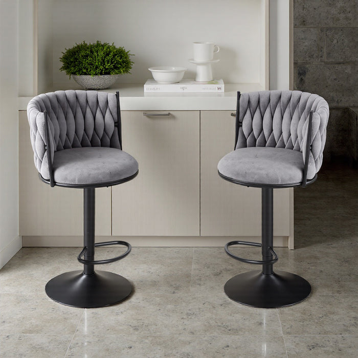Bar Stool Set of 2, Dining Chairs Breakfast Bar Stools with Woven Backrest, Height Adjustable Kitchen Counter Chairs, Adjustable Swivel Gas Lift Steel Footrest & Base, Grey