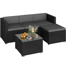 Costoffs Garden Furniture Set, 5pcs Rattan Patio Furniture Set, PE Rattan 3 Sectional Sofas & 1 Stool& 1 Coffee Table Set, Tempered Glass Side Table, All Weather Garden Lounge Set with Cushions, Black/Gray, Black/Beige