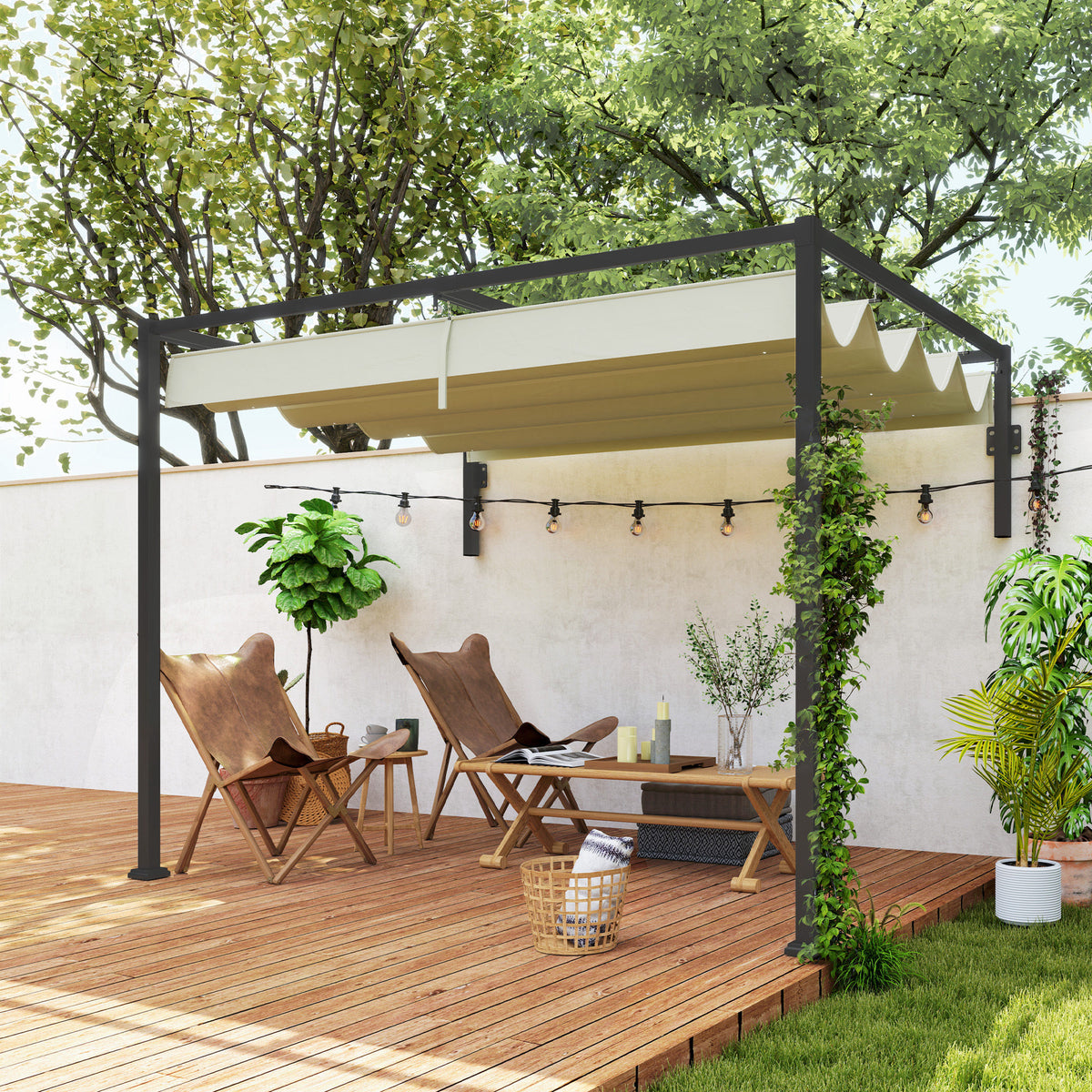 2 x 3m Lean To Pergola with Retractable Roof, Wall Mounted Garden Gazebo Outdoor Sun Shade Shelter for Patio, Khaki