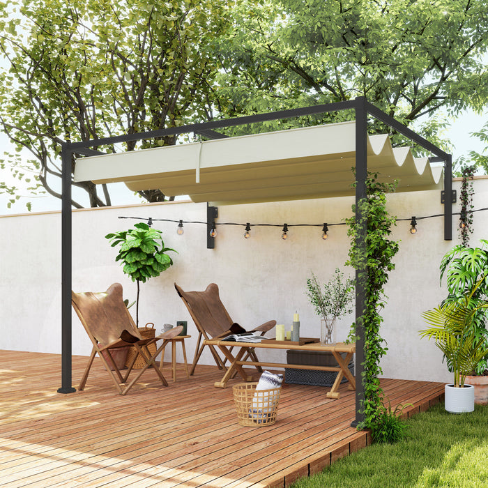 2 x 3m Lean To Pergola with Retractable Roof, Wall Mounted Garden Gazebo Outdoor Sun Shade Shelter for Patio, Khaki