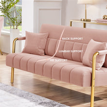 Costoffs Sofa Couch Modern Velvet Sofa Couch, 143cm Small Loveseat with Gold-tone Metal Arms & Legs, Upholstered Design, Includes 2 Pillows, Ideal for Bedroom, Home Office, Studio, Small Spaces, Light Grey/Green/Beige/Black/Pink