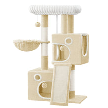 98cm Cat Tree, Cat Tower for Indoor Cats, Multi-Level Cats House Furniture with Scratching Post, 2 Caves, Large Platform, Scratching Ramp, Pompom, Light Grey