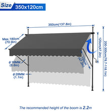 Retractable Patio Awning Measuring 350.01 X 119.38 cm, Featuring a Manual Crank Handle, Designed As a Sunshade Shelter for Outdoor Patios. This Canopy Can Be Adjusted in Height from 78.7 to 299.97 cm, Suitable for Patios, Balconies, Or Yards