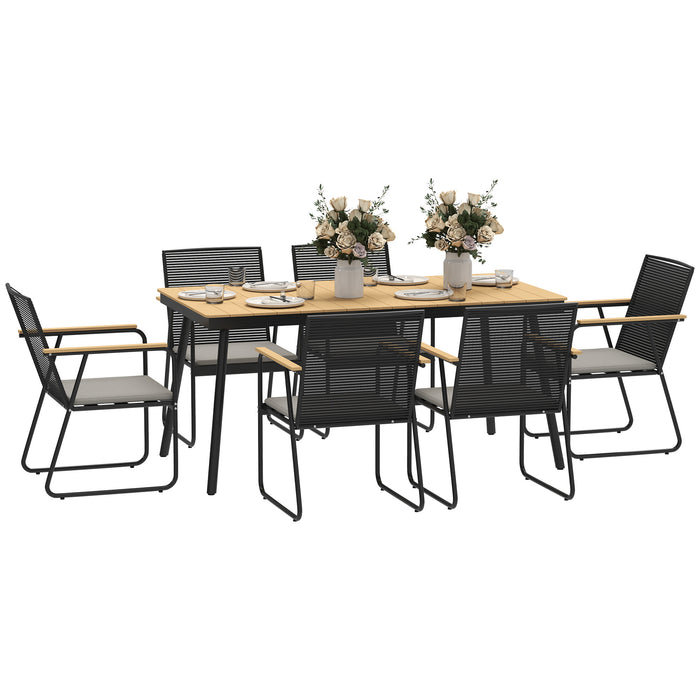 6 Seater Garden Dining Set with Soft Cushions, Rattan Backrest, Rectangular Plastic Top, Garden Furniture Set, Outdoor Dining Table and Chairs for Patio, Balcony, Poolside