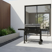 Large Heavy-Duty Cast Iron Outdoor BBQ Grill & Smoker - Commercial-Grade Portable Charcoal Grill with Dual Doors, Foldable Tabletop & Side Tables, Heavy-Duty & Wheels for Backyard, Patio, Camping - No Assembly Required (