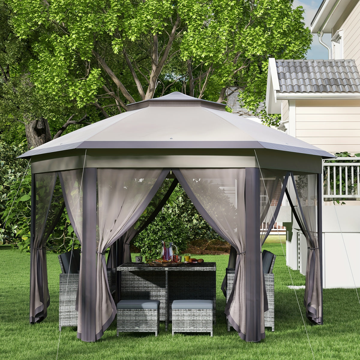 Outsunny Hexagon Garden Gazebo Pop Up Gazebo Outdoor Patio Double Roof Instant Shelter with Netting, 3 X 4M, Beige