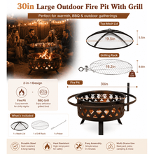 76cm Outdoor Fire Pit With Grill, Steel Fire Bowl for BBQ Camping Picnic, Garden Patio Heater Charcoal Log Wood Burner