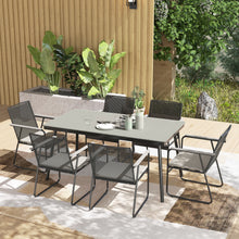 6 Seater Garden Dining Set with Soft Cushions, Rattan Backrest, Rectangular Plastic Top, Garden Furniture Set, Outdoor Dining Table and Chairs for Patio, Balcony, Poolside