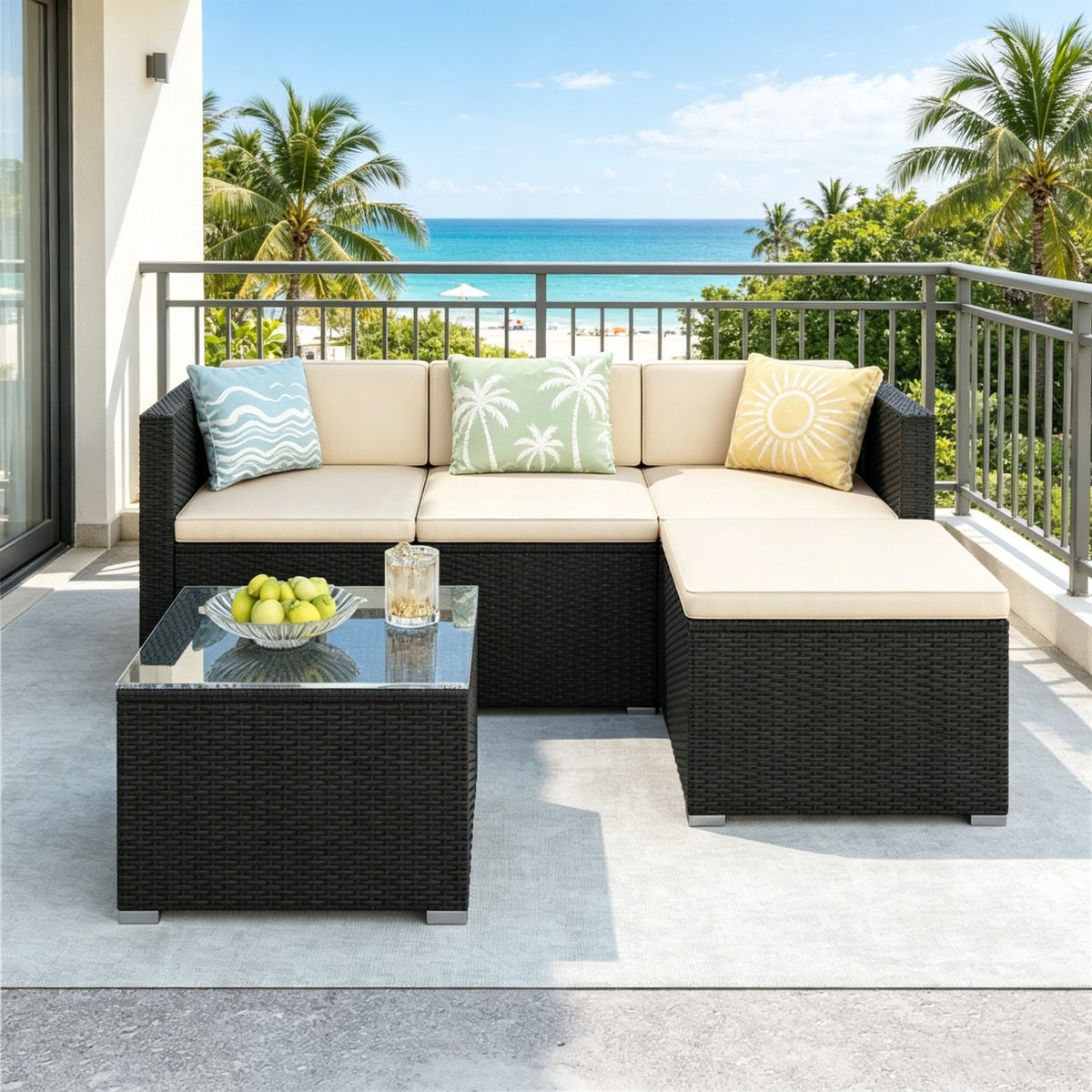 Costoffs Garden Furniture Set, 5pcs Rattan Patio Furniture Set, PE Rattan 3 Sectional Sofas & 1 Stool& 1 Coffee Table Set, Tempered Glass Side Table, All Weather Garden Lounge Set with Cushions, Black/Gray, Black/Beige