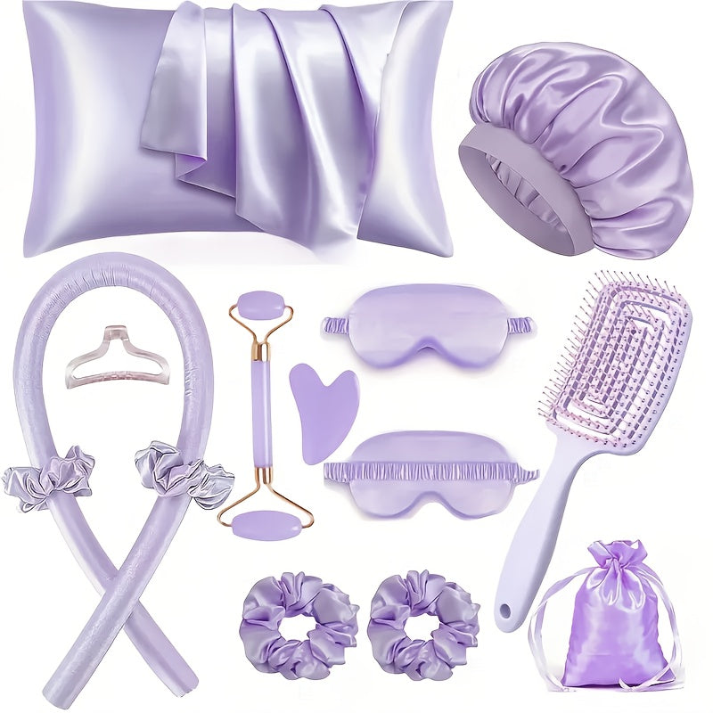 13pcs Sleep Hairstyle Design Tool Set | Curler And Facial Massager, Pillowcase, No Heat Curling Kit, Overnight Curler, Sleeping Eye Mask, Women'S Face Roller Light Beige Care Tools Black/Pink/Purple 3 Colors for Choose