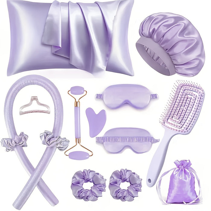 13pcs Sleep Hairstyle Design Tool Set | Curler And Facial Massager, Pillowcase, No Heat Curling Kit, Overnight Curler, Sleeping Eye Mask, Women'S Face Roller Light Beige Care Tools Black/Pink/Purple 3 Colors for Choose