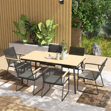 6 Seater Garden Dining Set with Soft Cushions, Rattan Backrest, Rectangular Plastic Top, Garden Furniture Set, Outdoor Dining Table and Chairs for Patio, Balcony, Poolside