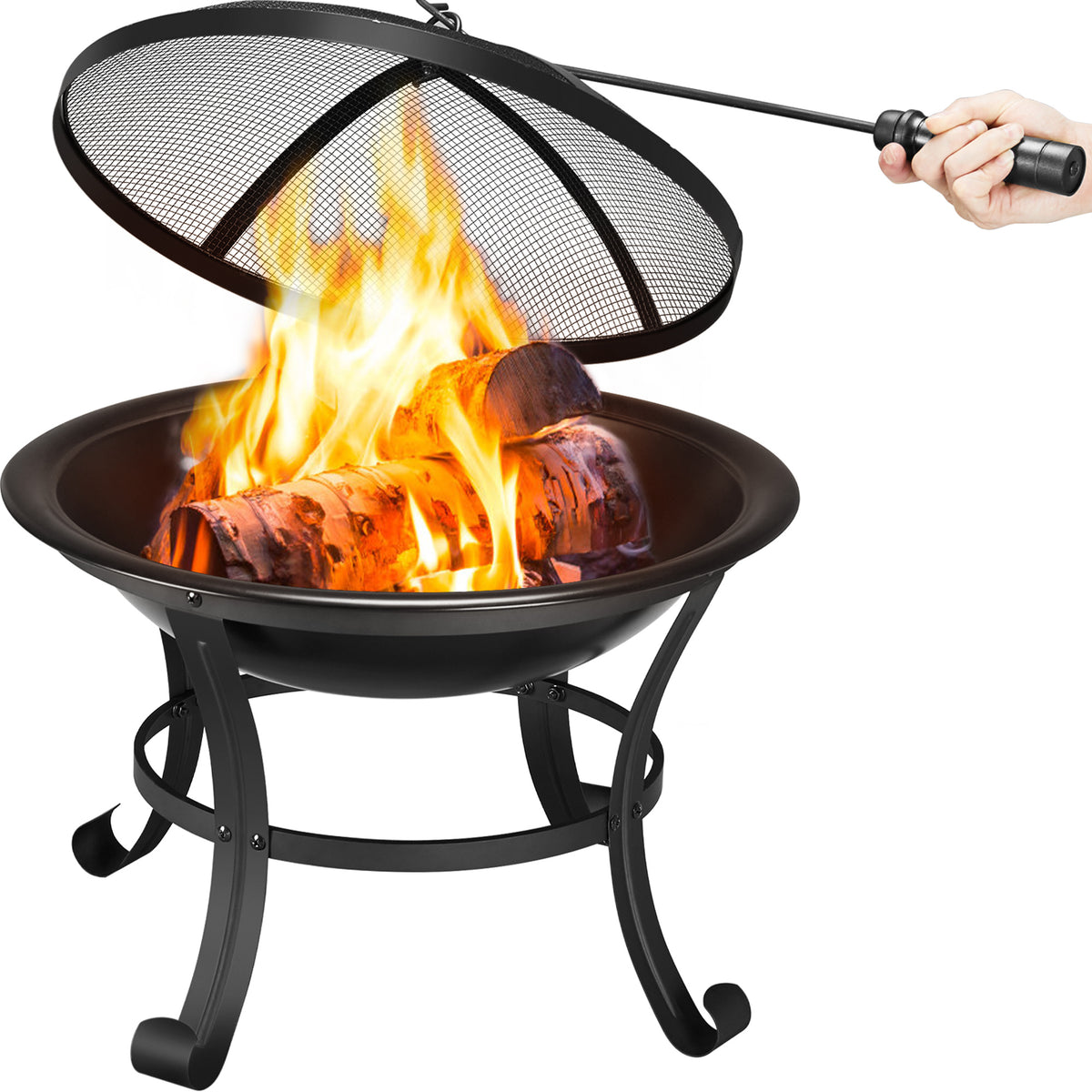 Costoffs Fire Pit, Outdoor Fire Pit Round Steel Fire Bowl for Camping, Hiking and Beach Parties, Patio Fire Pit with Mesh Screen Cover Fire Poker Log Grate for Yards, Porches, Patio, Stores, Patio BBQ Camping Bonfire, Black
