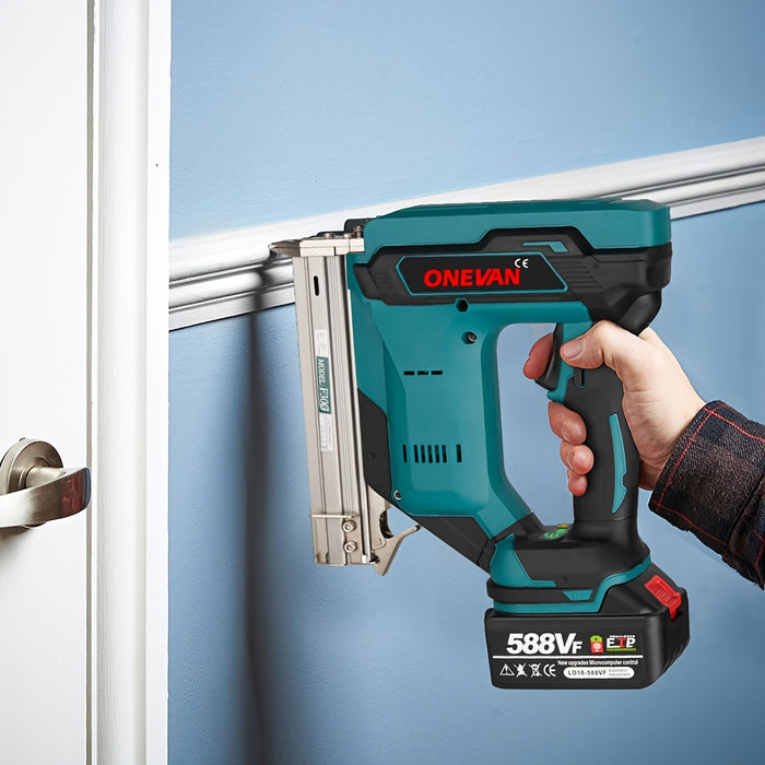 ONEVAN Cordless Nail Gun, Electric Nail Gun, with Battery And Charger, Nail Count 100pcs, 30mm Length, Diameter 1.05/1.26mm, 1st Gear Single Shot, 2nd Gear Continuous Shot, Suitable for Interior Decoration, Woodworking And Carpentry Projects