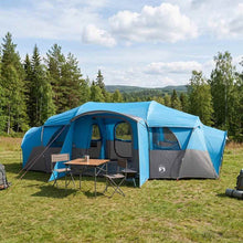 Chelsea Family Tent with Rainfly, Water-resistant Tunnel, 10-Person, Blue, Material: 185T Polyester with PU Coating, Frame Material: Fiberglass, Steel, Overall Dimensions: 580 x 307 x 208 cm (L x W x H), Floor Size: 580 x 307 cm (L x W), Floor Area: 16.67