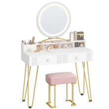 Dressing Table Set with LED Lights Mirror, Adjustable Brightness, Vanity Desk with Pink Stool, Makeup Vanity Table with 2 Drawers, 2 Open Storage Areas, 2 Compartments, White Golden, Bedroom Furniture, Beauty Station, Modern Vanity, Stylish Dressing