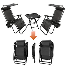 Garden Mile 3pcs Zero Gravity Sun Lounger Set with Table - 2 Folding Reclining Chairs with Canopy Shade, Cup Holder & Phone Tray, Adjustable Headrest, Portable Garden, Patio, Beach Chairs - Black