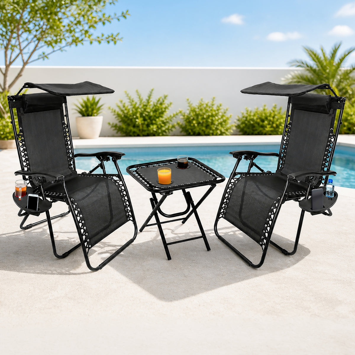 Garden Mile 3pcs Zero Gravity Sun Lounger Set with Table - 2 Folding Reclining Chairs with Canopy Shade, Cup Holder & Phone Tray, Adjustable Headrest, Portable Garden, Patio, Beach Chairs - Black