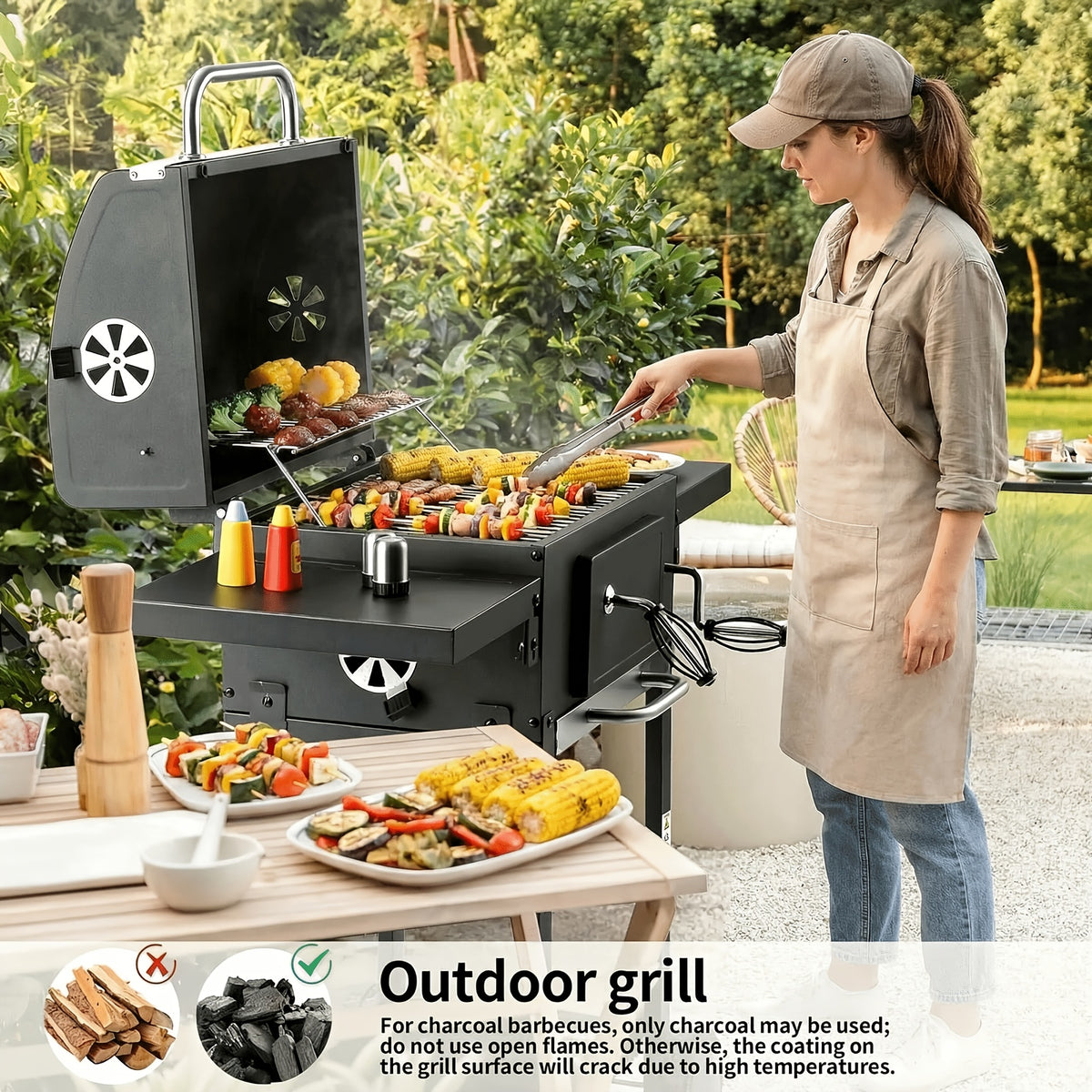 Charcoal Grill with Lid, Grill Grill Cart BBQ Smoker, Grill Cart Charcoal with Wheels, Grill Grate And Thermometer, Small Charcoal Grill Cart, Height-adjustable Grill, Stand Grill for Camping, Garden
