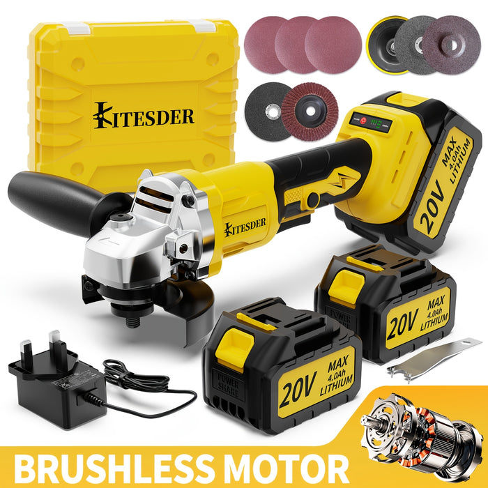 KITESDER Brushless Motor Angle Grinder Cordless. Power Tools with Battery And Rich Additions, Multi-Functional Tool. No-Load Speed: 9000/11000 R/Min. Suitable for Polishing, Sanding And Grinding. Shipped from Local Warehouse