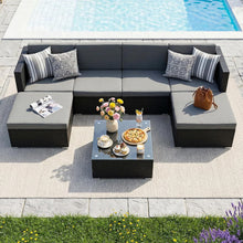 4-seater Garden Furniture Set (with Cushions), L-shaped Rattan Corner Sofa Set (with Storage Box and Glass Coffee Table), Metal-framed Outdoor Furniture Set, Suitable for Patios and Conservatories (black Rattan with Dark Grey Cushions)