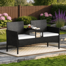 Nordivale 2-Seater Rattan Bistro Set with Built-in Glass Table, Outdoor Garden Love Seat with Cushions & Rain Cover – Black PE Wicker, Beige / Dark Grey / Navy / Light Grey