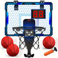 Basketball Hoop Indoor, Mini Basketball Hoop with 7 LED Lighting, Scoreboard, Over Door Basketball Hoop with 3 Modes, Volume Adjustable, Foldable, Basketball Toys for Kid Gifts (Blue)