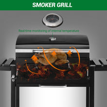 Large Heavy-Duty Cast Iron Outdoor BBQ Grill & Smoker - Commercial-Grade Portable Charcoal Grill with Dual Doors, Foldable Tabletop & Side Tables, Heavy-Duty & Wheels for Backyard, Patio, Camping - No Assembly Required (