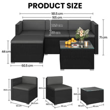 Costoffs Garden Furniture Set, 5pcs Rattan Patio Furniture Set, PE Rattan 3 Sectional Sofas & 1 Stool& 1 Coffee Table Set, Tempered Glass Side Table, All Weather Garden Lounge Set with Cushions, Black/Gray, Black/Beige