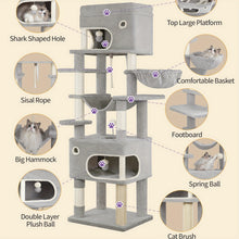 Scratching Post, 178cm Cat Tree with Large Platform, 2 Caves, 7 Scratching Posts, Pompoms, Loungers, Hammock, Suitable for All Cat Breeds, Light Grey