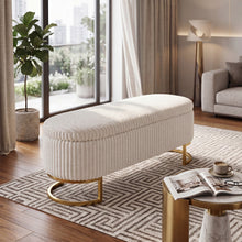 Upholstered Storage Bench with Flip Lid, Corduroy Fabric Padded Ottoman Footrest, Oval-shaped Bedroom End of Bed Bench Stool Footstool, Light Luxury Golden Metal Legs, Perfect for Bedroom, Hallway, Living Room (1pc )