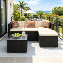 Costoffs Garden Furniture Set, 5pcs Rattan Patio Furniture Set, PE Rattan 3 Sectional Sofas & 1 Stool& 1 Coffee Table Set, Tempered Glass Side Table, All Weather Garden Lounge Set with Cushions, Black/Gray, Black/Beige
