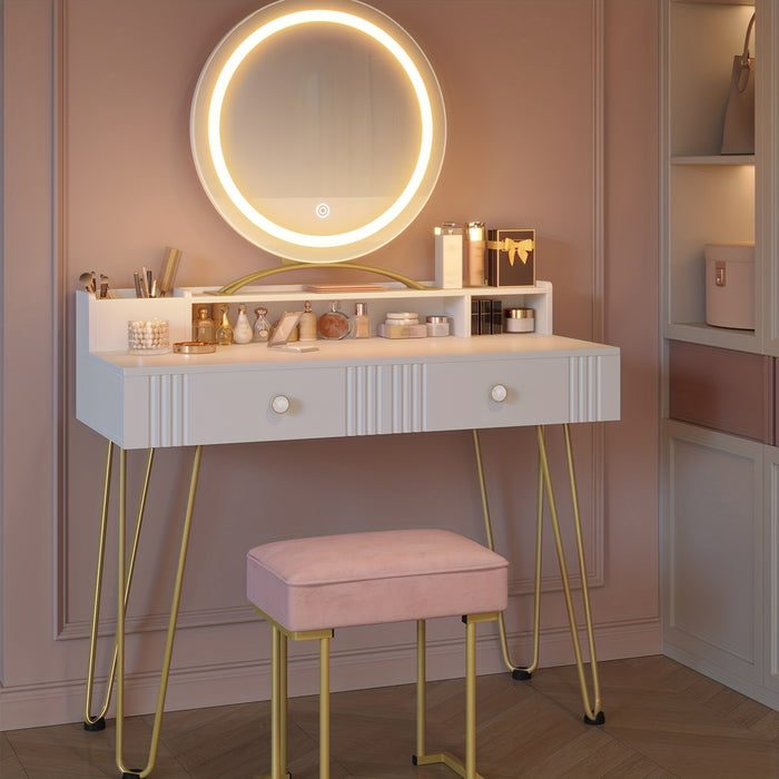 Dressing Table Set with LED Lights Mirror, Adjustable Brightness, Vanity Desk with Pink Stool, Makeup Vanity Table with 2 Drawers, 2 Open Storage Areas, 2 Compartments, White Golden, Bedroom Furniture, Beauty Station, Modern Vanity, Stylish Dressing