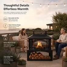 Nordivale Outdoor Fire Pit with Wood Storage, 81.28cm Metal Fireplace for Backyard Patio, 360° Safety Mesh Screen, Large Steel Wood Burning Pit for Garden, Deck, Party (Black)