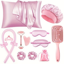 13pcs Sleep Hairstyle Design Tool Set | Curler And Facial Massager, Pillowcase, No Heat Curling Kit, Overnight Curler, Sleeping Eye Mask, Women'S Face Roller Light Beige Care Tools Black/Pink/Purple 3 Colors for Choose
