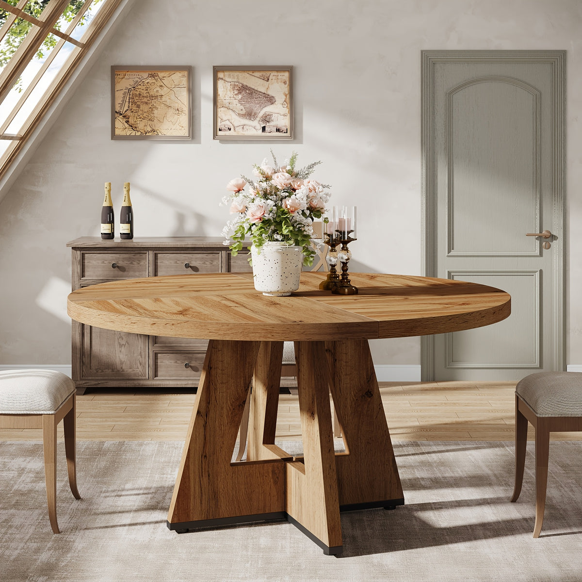 Round Dining Table Suitable for 4 People - 119.38 cm Retro Base & Engineered Wood Tabletop, Multi-Functional Kitchen Table for Dining Room, Conference Desk, Office Desk, Space-Saving for Small Homes, Assembly