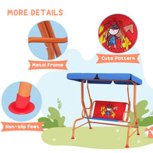 2 Seat Kids Swing Chair with Adjustable Canopy, Cowboy Themed Double Kids Garden Swing Bench with Safety Belts for Patio Park Porch, for Ages 3-6 Years - Red and Blue