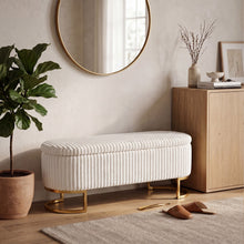 Upholstered Storage Bench with Flip Lid, Corduroy Fabric Padded Ottoman Footrest, Oval-shaped Bedroom End of Bed Bench Stool Footstool, Light Luxury Golden Metal Legs, Perfect for Bedroom, Hallway, Living Room (1pc )