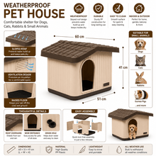 Weatherproof Plastic Pet House Indoor Outdoor Brown Dog Kennel Cat Shelter With Raised Floor & Ventilation, Durable PP Small Animal House For Rabbits Guinea Pigs, Easy Assembly (60x51x41cm)