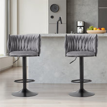 Bar Stool Set of 2, Dining Chairs Breakfast Bar Stools with Woven Backrest, Height Adjustable Kitchen Counter Chairs, Adjustable Swivel Gas Lift Steel Footrest & Base, Grey