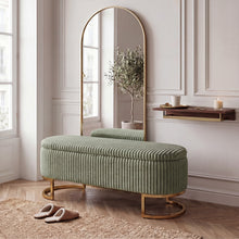 Upholstered Storage Bench with Flip Lid, Corduroy Fabric Padded Ottoman Footrest, Oval-shaped Bedroom End of Bed Bench Stool Footstool, Light Luxury Golden Metal Legs, Perfect for Bedroom, Hallway, Living Room (1pc )