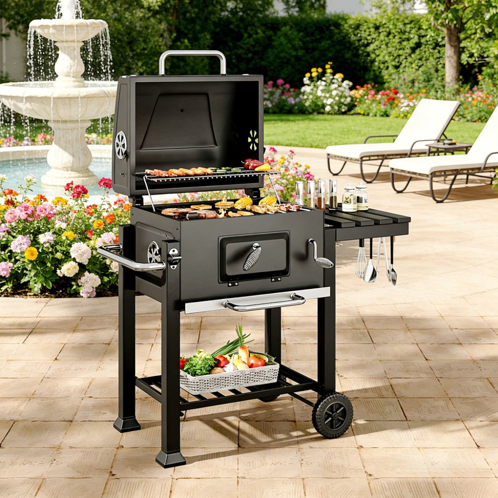Commercial Black Grill Cart – Portable Outdoor Terrace BBQ, 113x45x100cm, Great for Camping & Outdoor Barbecue Events