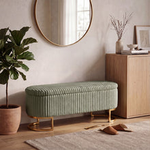 Upholstered Storage Bench with Flip Lid, Corduroy Fabric Padded Ottoman Footrest, Oval-shaped Bedroom End of Bed Bench Stool Footstool, Light Luxury Golden Metal Legs, Perfect for Bedroom, Hallway, Living Room (1pc )
