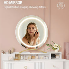 Dressing Table Set with LED Lights Mirror, Adjustable Brightness, Vanity Desk with Pink Stool, Makeup Vanity Table with 2 Drawers, 2 Open Storage Areas, 2 Compartments, White Golden, Bedroom Furniture, Beauty Station, Modern Vanity, Stylish Dressing