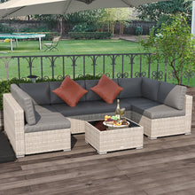 Outsunny Rattan Corner Sofa Set, 4pcs Garden Furniture Set, 6 Seater Outdoor Conservatory Furniture with Tempered Glass Table and Cushions, All Weather for Lawn, Garden, Grey